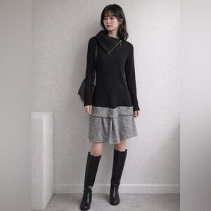 Japanese 35%Wool Blend Knit Dress | Asymmetric Zipper & Layered Skirt